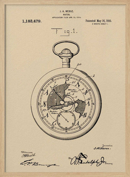 A framed vintage patent illustration for a watch by J.A. Meroz, dated 1916. The technical drawing showcases a pocket watch with a world map on its face, set against a beige, parchment-like background with a black frame. Poster