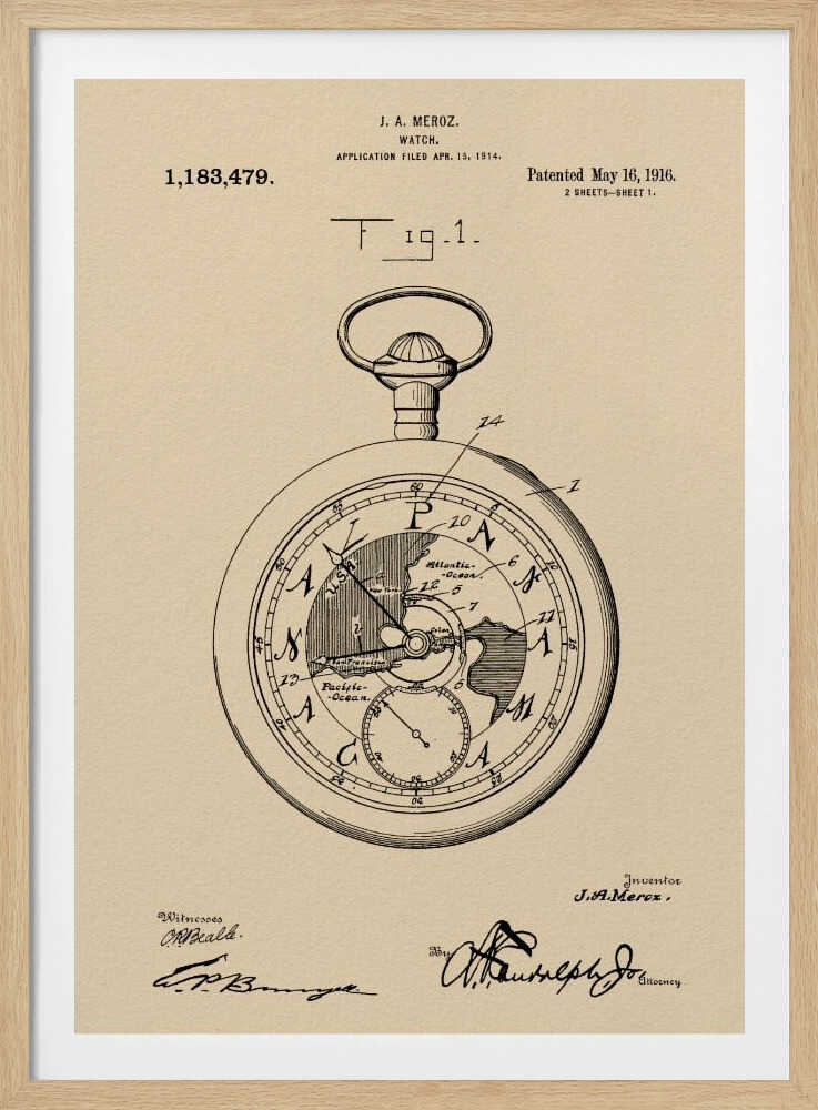 A framed vintage patent illustration for a watch by J.A. Meroz, dated 1916. The technical drawing showcases a pocket watch with a world map on its face, set against a beige, parchment-like background with a black frame. Poster
