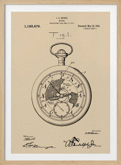 A framed vintage patent illustration for a watch by J.A. Meroz, dated 1916. The technical drawing showcases a pocket watch with a world map on its face, set against a beige, parchment-like background with a black frame. Poster
