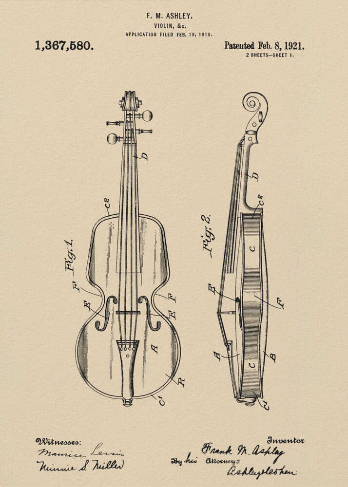 A framed vintage patent illustration for a violin, dated 1921. The drawing, on a beige parchment-style background, shows a front view and a side cross-section of the violin, with technical labels and signatures of the inventor and witnesses. Wall Art