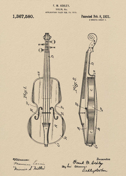 A framed vintage patent illustration for a violin, dated 1921. The drawing, on a beige parchment-style background, shows a front view and a side cross-section of the violin, with technical labels and signatures of the inventor and witnesses. Wall Art