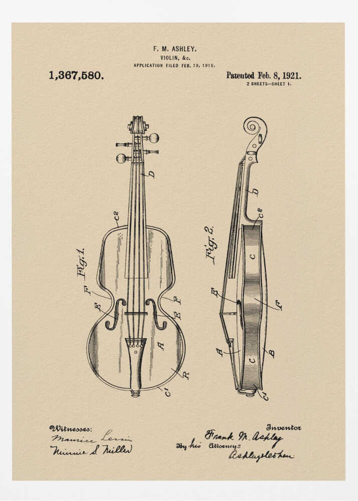 A framed vintage patent illustration for a violin, dated 1921. The drawing, on a beige parchment-style background, shows a front view and a side cross-section of the violin, with technical labels and signatures of the inventor and witnesses. Wall Art