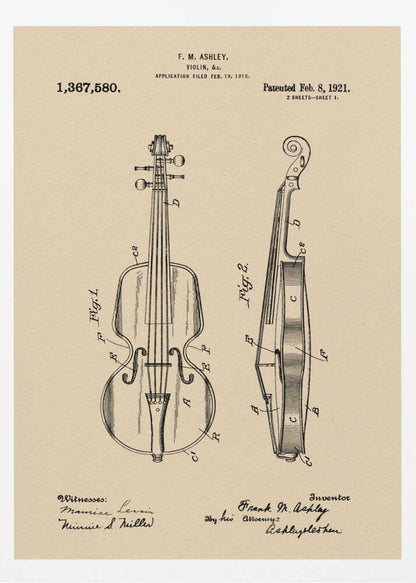 A framed vintage patent illustration for a violin, dated 1921. The drawing, on a beige parchment-style background, shows a front view and a side cross-section of the violin, with technical labels and signatures of the inventor and witnesses. Wall Art