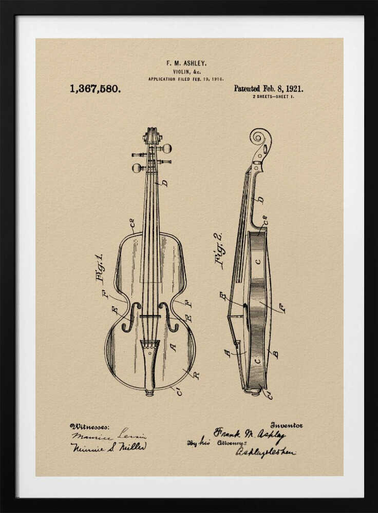 A framed vintage patent illustration for a violin, dated 1921. The drawing, on a beige parchment-style background, shows a front view and a side cross-section of the violin, with technical labels and signatures of the inventor and witnesses. Wall Art