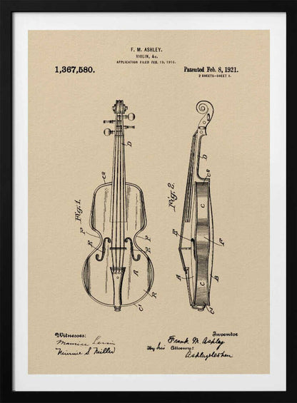 A framed vintage patent illustration for a violin, dated 1921. The drawing, on a beige parchment-style background, shows a front view and a side cross-section of the violin, with technical labels and signatures of the inventor and witnesses. Wall Art