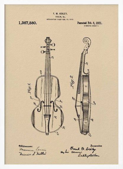 A framed vintage patent illustration for a violin, dated 1921. The drawing, on a beige parchment-style background, shows a front view and a side cross-section of the violin, with technical labels and signatures of the inventor and witnesses. Wall Art