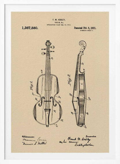 A framed vintage patent illustration for a violin, dated 1921. The drawing, on a beige parchment-style background, shows a front view and a side cross-section of the violin, with technical labels and signatures of the inventor and witnesses. Wall Art