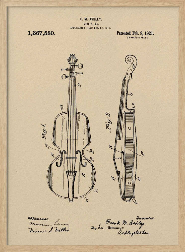 A framed vintage patent illustration for a violin, dated 1921. The drawing, on a beige parchment-style background, shows a front view and a side cross-section of the violin, with technical labels and signatures of the inventor and witnesses. Wall Art