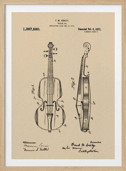 A framed vintage patent illustration for a violin, dated 1921. The drawing, on a beige parchment-style background, shows a front view and a side cross-section of the violin, with technical labels and signatures of the inventor and witnesses. Wall Art