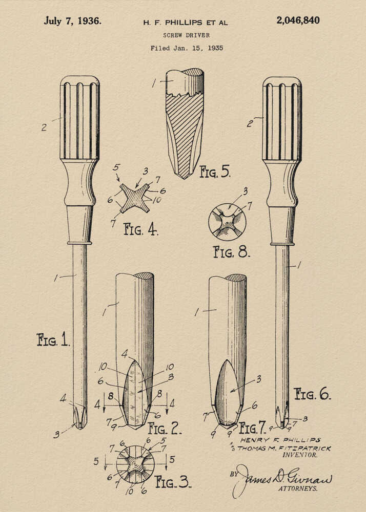 A framed vintage patent illustration for an H.F. Phillips screwdriver, dated July 7, 1936. The technical drawing on beige paper displays multiple figures of the screwdriver and its cross-head tip, rendered in black ink. Print