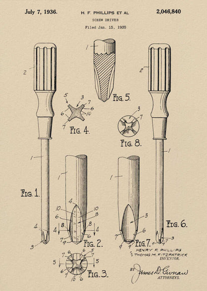 A framed vintage patent illustration for an H.F. Phillips screwdriver, dated July 7, 1936. The technical drawing on beige paper displays multiple figures of the screwdriver and its cross-head tip, rendered in black ink. Print