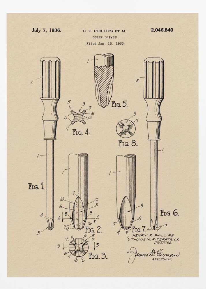 A framed vintage patent illustration for an H.F. Phillips screwdriver, dated July 7, 1936. The technical drawing on beige paper displays multiple figures of the screwdriver and its cross-head tip, rendered in black ink. Print