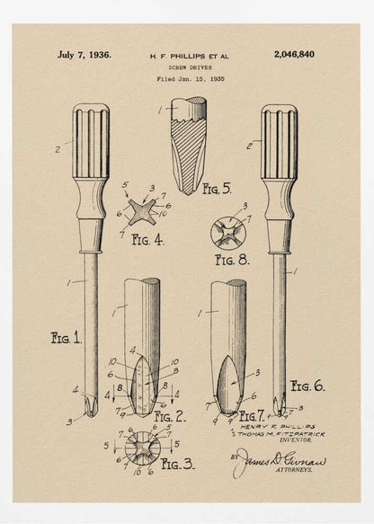 A framed vintage patent illustration for an H.F. Phillips screwdriver, dated July 7, 1936. The technical drawing on beige paper displays multiple figures of the screwdriver and its cross-head tip, rendered in black ink. Print