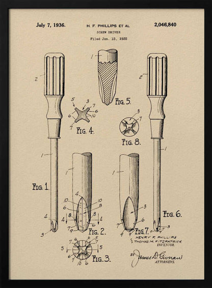 A framed vintage patent illustration for an H.F. Phillips screwdriver, dated July 7, 1936. The technical drawing on beige paper displays multiple figures of the screwdriver and its cross-head tip, rendered in black ink. Print