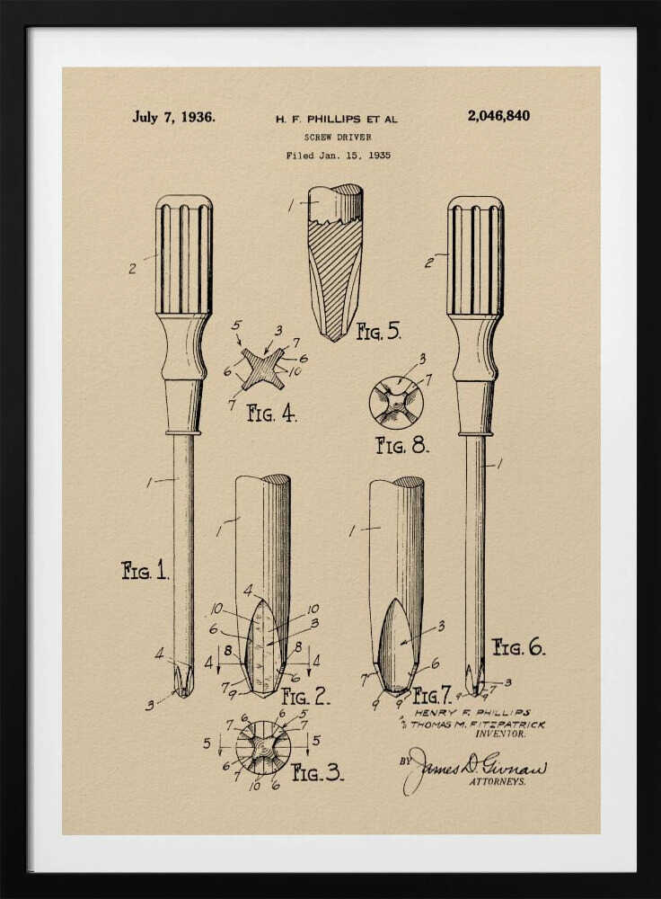 A framed vintage patent illustration for an H.F. Phillips screwdriver, dated July 7, 1936. The technical drawing on beige paper displays multiple figures of the screwdriver and its cross-head tip, rendered in black ink. Print