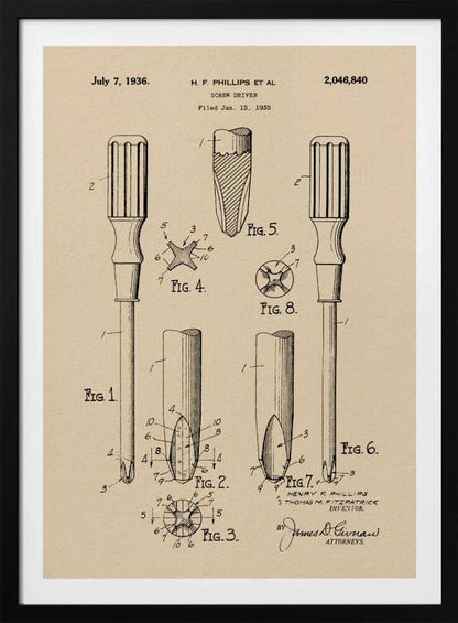 A framed vintage patent illustration for an H.F. Phillips screwdriver, dated July 7, 1936. The technical drawing on beige paper displays multiple figures of the screwdriver and its cross-head tip, rendered in black ink. Print