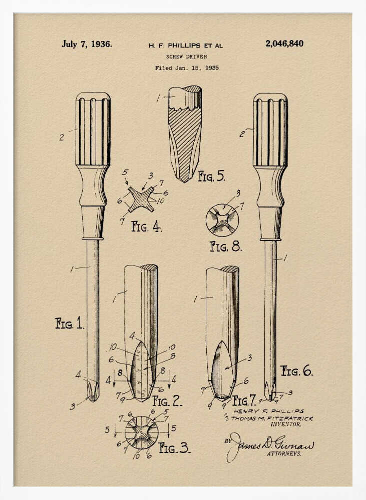 A framed vintage patent illustration for an H.F. Phillips screwdriver, dated July 7, 1936. The technical drawing on beige paper displays multiple figures of the screwdriver and its cross-head tip, rendered in black ink. Print