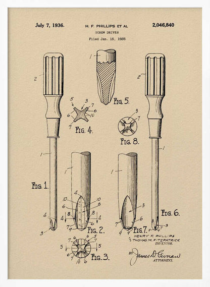 A framed vintage patent illustration for an H.F. Phillips screwdriver, dated July 7, 1936. The technical drawing on beige paper displays multiple figures of the screwdriver and its cross-head tip, rendered in black ink. Print