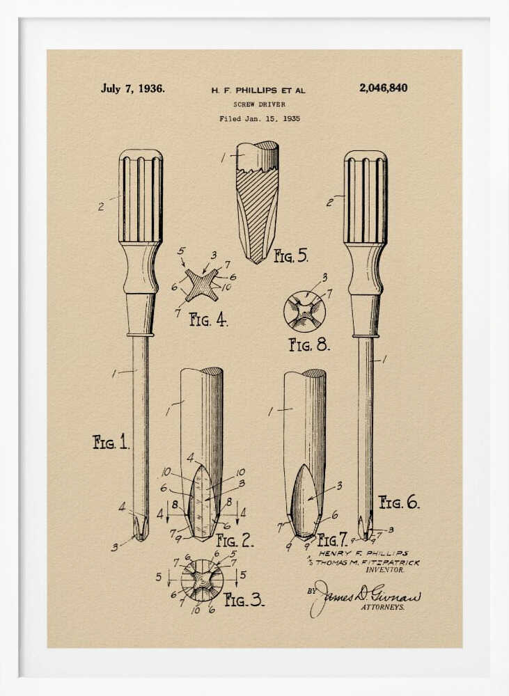 A framed vintage patent illustration for an H.F. Phillips screwdriver, dated July 7, 1936. The technical drawing on beige paper displays multiple figures of the screwdriver and its cross-head tip, rendered in black ink. Print