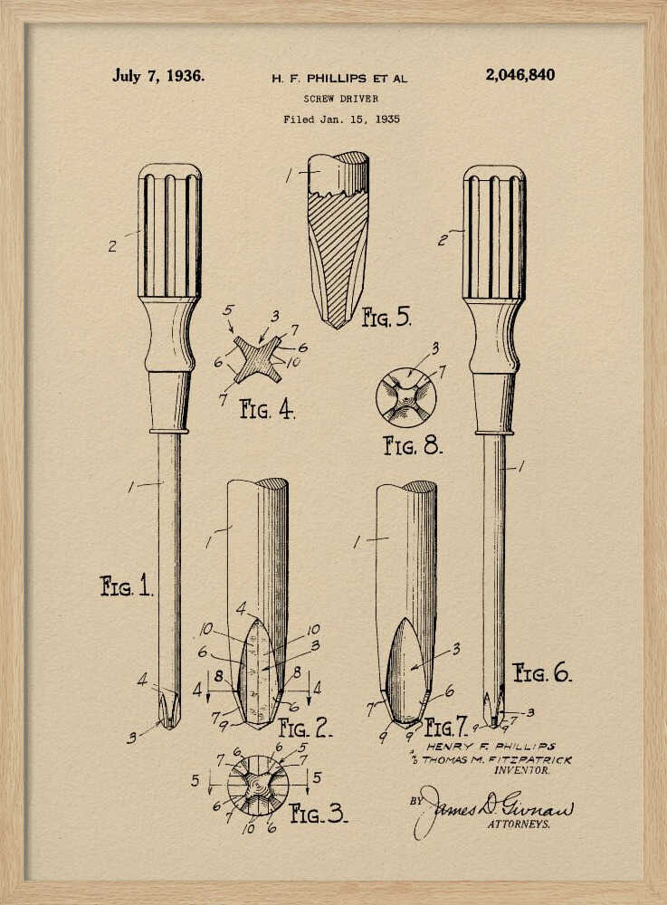 A framed vintage patent illustration for an H.F. Phillips screwdriver, dated July 7, 1936. The technical drawing on beige paper displays multiple figures of the screwdriver and its cross-head tip, rendered in black ink. Print