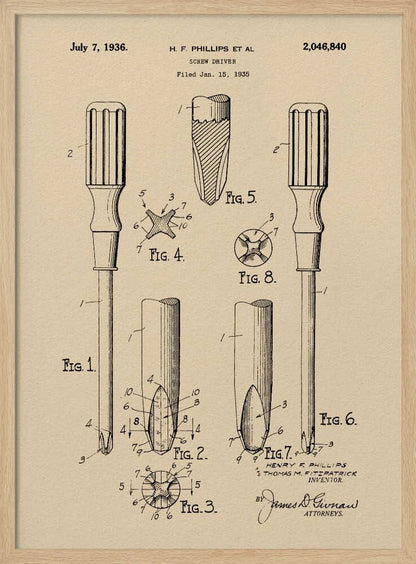 A framed vintage patent illustration for an H.F. Phillips screwdriver, dated July 7, 1936. The technical drawing on beige paper displays multiple figures of the screwdriver and its cross-head tip, rendered in black ink. Print
