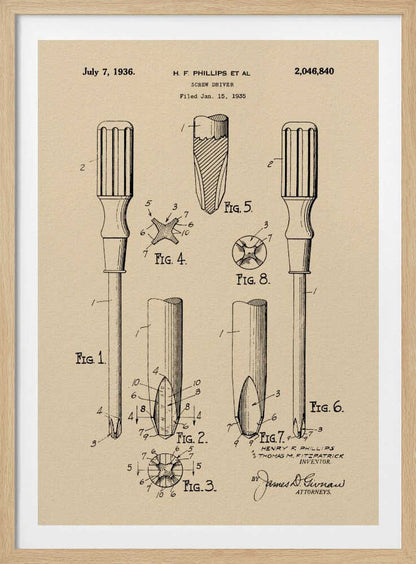 A framed vintage patent illustration for an H.F. Phillips screwdriver, dated July 7, 1936. The technical drawing on beige paper displays multiple figures of the screwdriver and its cross-head tip, rendered in black ink. Print