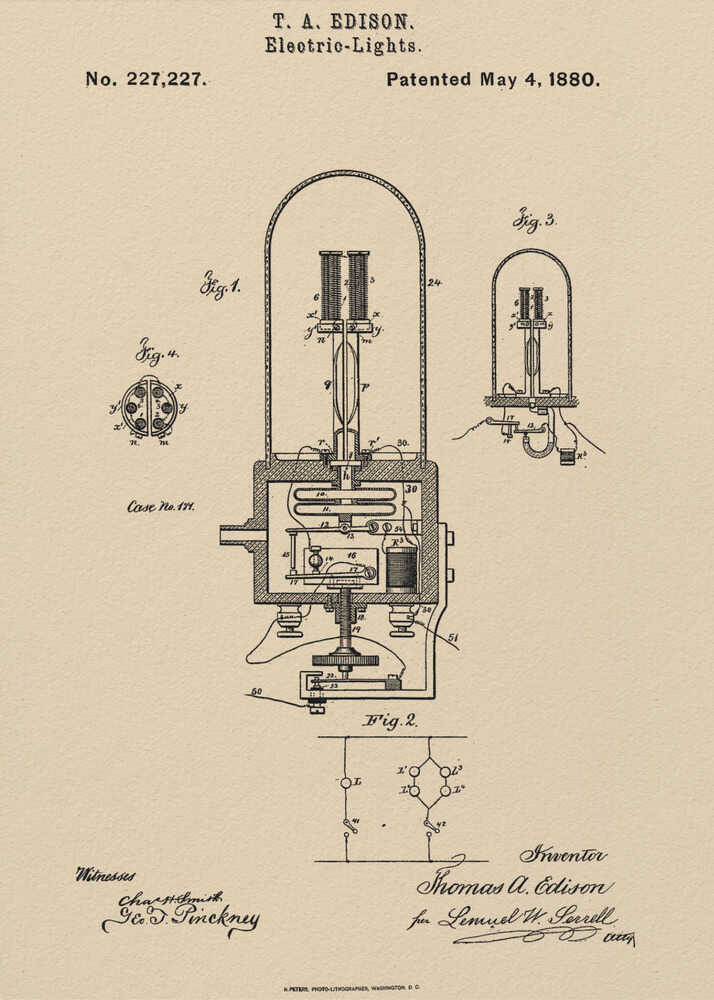 A framed vintage patent illustration for T. A. Edison's electric lights, dated May 4, 1880. The technical drawing, in black ink on a beige background, shows detailed diagrams of an early incandescent light bulb and its circuitry, complete with handwritten signatures. Wall Art