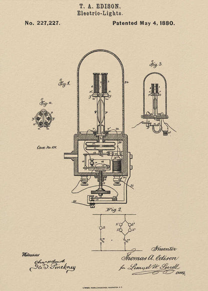 A framed vintage patent illustration for T. A. Edison's electric lights, dated May 4, 1880. The technical drawing, in black ink on a beige background, shows detailed diagrams of an early incandescent light bulb and its circuitry, complete with handwritten signatures. Wall Art