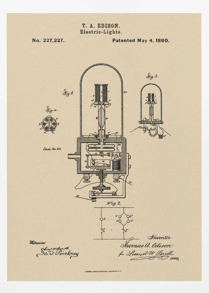 A framed vintage patent illustration for T. A. Edison's electric lights, dated May 4, 1880. The technical drawing, in black ink on a beige background, shows detailed diagrams of an early incandescent light bulb and its circuitry, complete with handwritten signatures. Wall Art
