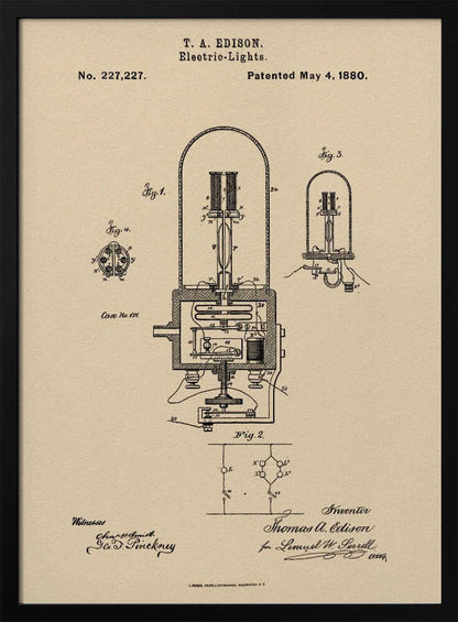 A framed vintage patent illustration for T. A. Edison's electric lights, dated May 4, 1880. The technical drawing, in black ink on a beige background, shows detailed diagrams of an early incandescent light bulb and its circuitry, complete with handwritten signatures. Wall Art