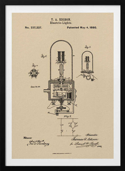 A framed vintage patent illustration for T. A. Edison's electric lights, dated May 4, 1880. The technical drawing, in black ink on a beige background, shows detailed diagrams of an early incandescent light bulb and its circuitry, complete with handwritten signatures. Wall Art