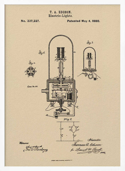 A framed vintage patent illustration for T. A. Edison's electric lights, dated May 4, 1880. The technical drawing, in black ink on a beige background, shows detailed diagrams of an early incandescent light bulb and its circuitry, complete with handwritten signatures. Wall Art