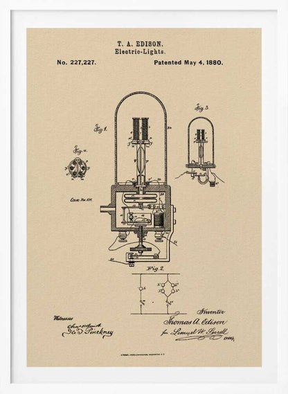 A framed vintage patent illustration for T. A. Edison's electric lights, dated May 4, 1880. The technical drawing, in black ink on a beige background, shows detailed diagrams of an early incandescent light bulb and its circuitry, complete with handwritten signatures. Wall Art