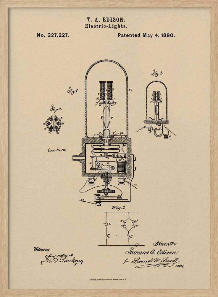A framed vintage patent illustration for T. A. Edison's electric lights, dated May 4, 1880. The technical drawing, in black ink on a beige background, shows detailed diagrams of an early incandescent light bulb and its circuitry, complete with handwritten signatures. Wall Art