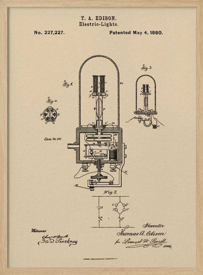 A framed vintage patent illustration for T. A. Edison's electric lights, dated May 4, 1880. The technical drawing, in black ink on a beige background, shows detailed diagrams of an early incandescent light bulb and its circuitry, complete with handwritten signatures. Wall Art
