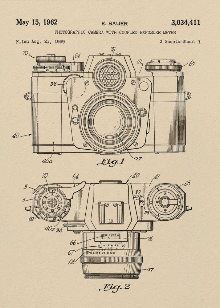 A framed vintage patent illustration from 1962 for a photographic camera with an exposure meter, showing detailed front and top-down technical drawings in black ink on aged beige paper. Decor