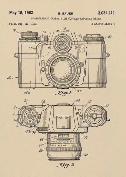 A framed vintage patent illustration from 1962 for a photographic camera with an exposure meter, showing detailed front and top-down technical drawings in black ink on aged beige paper. Decor