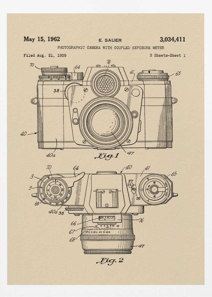 A framed vintage patent illustration from 1962 for a photographic camera with an exposure meter, showing detailed front and top-down technical drawings in black ink on aged beige paper. Decor