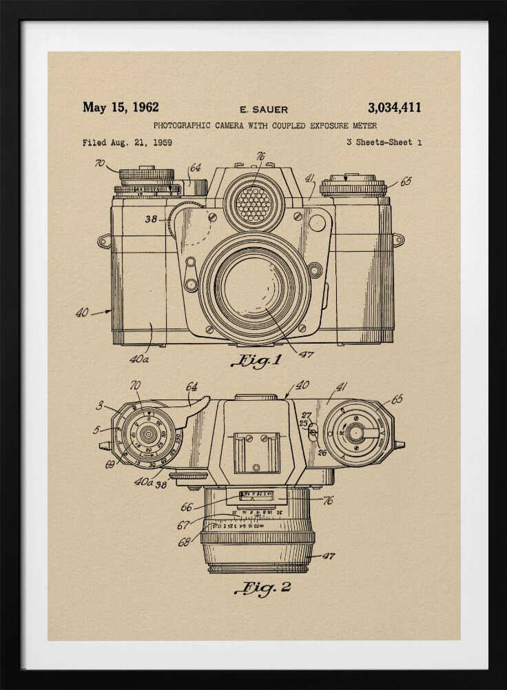 A framed vintage patent illustration from 1962 for a photographic camera with an exposure meter, showing detailed front and top-down technical drawings in black ink on aged beige paper. Decor