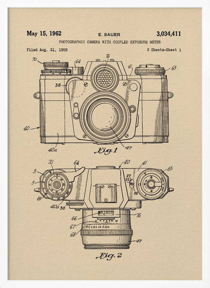 A framed vintage patent illustration from 1962 for a photographic camera with an exposure meter, showing detailed front and top-down technical drawings in black ink on aged beige paper. Decor
