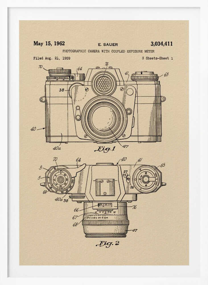 A framed vintage patent illustration from 1962 for a photographic camera with an exposure meter, showing detailed front and top-down technical drawings in black ink on aged beige paper. Decor