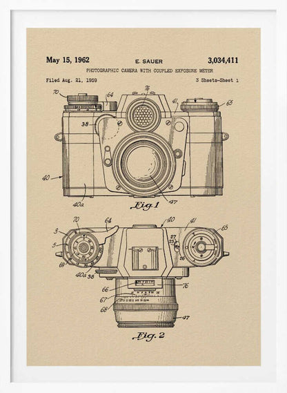 A framed vintage patent illustration from 1962 for a photographic camera with an exposure meter, showing detailed front and top-down technical drawings in black ink on aged beige paper. Decor