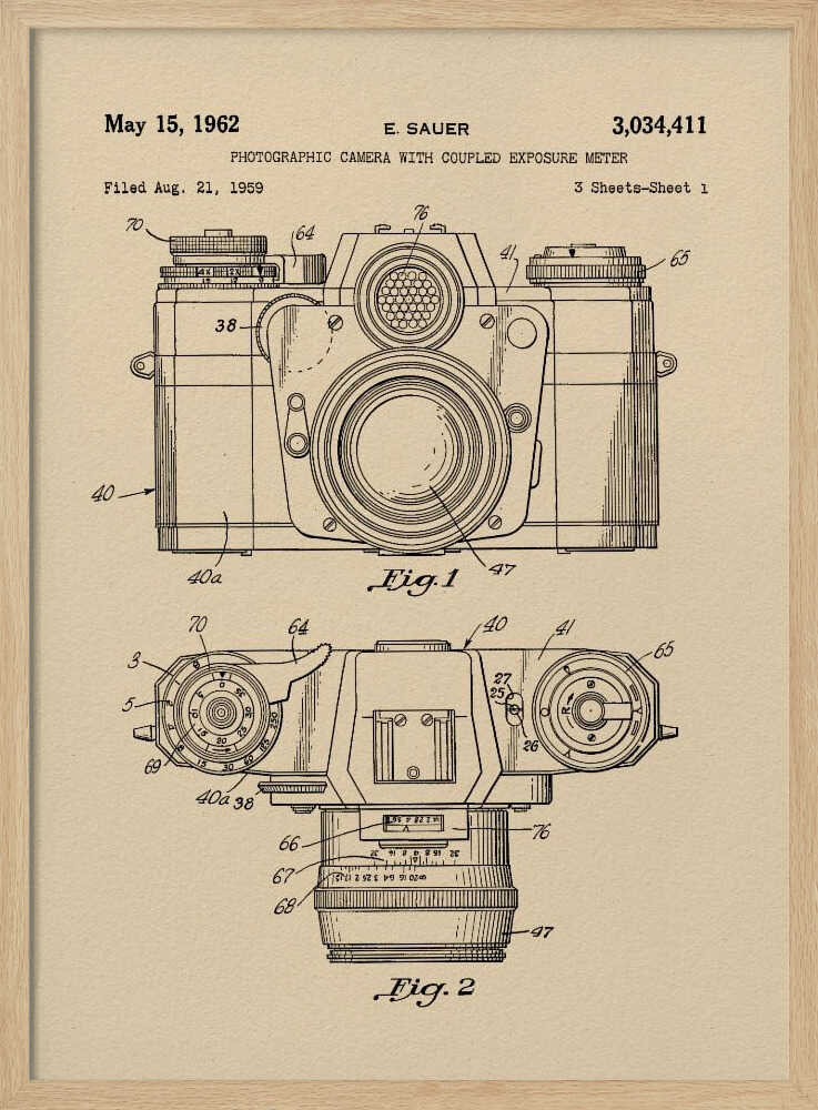 A framed vintage patent illustration from 1962 for a photographic camera with an exposure meter, showing detailed front and top-down technical drawings in black ink on aged beige paper. Decor