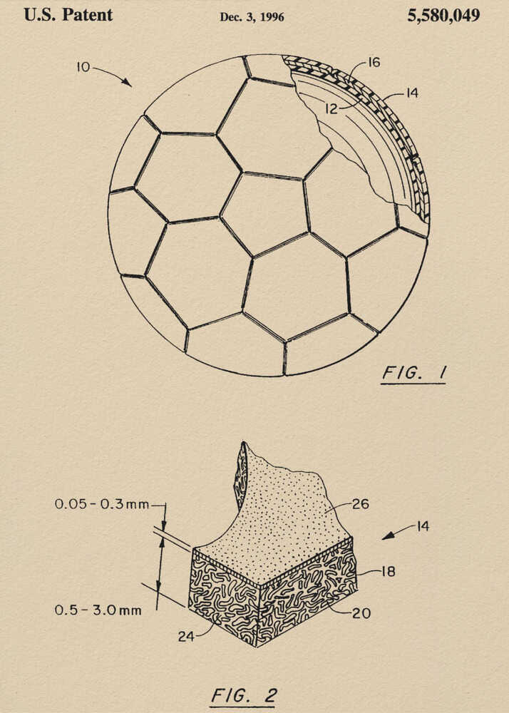 A framed vintage-style patent drawing of a soccer ball, U.S. Patent 5,580,049 from 1996. The poster displays two figures on a beige background: FIG. 1 shows the soccer ball with its hexagonal pattern and a cutaway view of its layers, while FIG. 2 provides a detailed cross-section of the ball's material. Wall Art