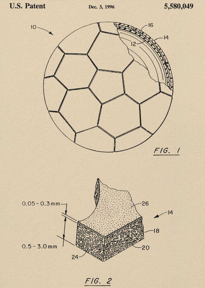 A framed vintage-style patent drawing of a soccer ball, U.S. Patent 5,580,049 from 1996. The poster displays two figures on a beige background: FIG. 1 shows the soccer ball with its hexagonal pattern and a cutaway view of its layers, while FIG. 2 provides a detailed cross-section of the ball's material. Wall Art
