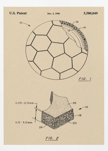 A framed vintage-style patent drawing of a soccer ball, U.S. Patent 5,580,049 from 1996. The poster displays two figures on a beige background: FIG. 1 shows the soccer ball with its hexagonal pattern and a cutaway view of its layers, while FIG. 2 provides a detailed cross-section of the ball's material. Wall Art