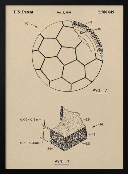 A framed vintage-style patent drawing of a soccer ball, U.S. Patent 5,580,049 from 1996. The poster displays two figures on a beige background: FIG. 1 shows the soccer ball with its hexagonal pattern and a cutaway view of its layers, while FIG. 2 provides a detailed cross-section of the ball's material. Wall Art