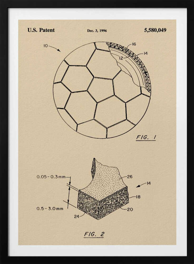 A framed vintage-style patent drawing of a soccer ball, U.S. Patent 5,580,049 from 1996. The poster displays two figures on a beige background: FIG. 1 shows the soccer ball with its hexagonal pattern and a cutaway view of its layers, while FIG. 2 provides a detailed cross-section of the ball's material. Wall Art