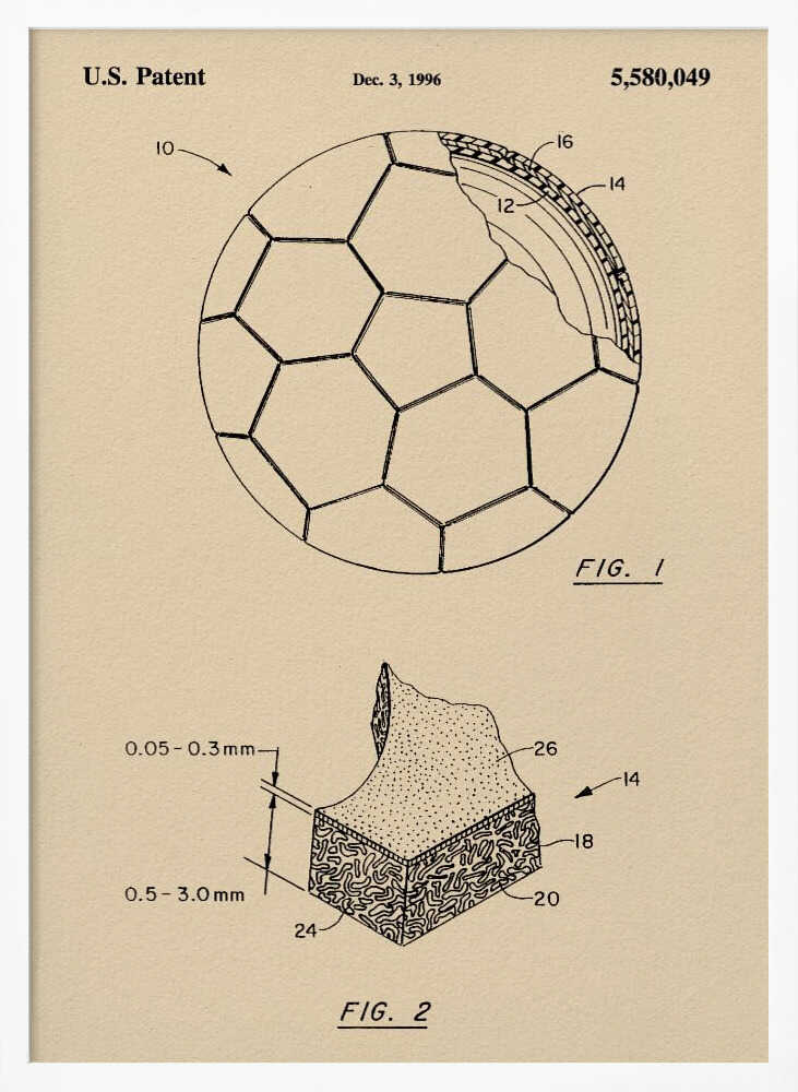 A framed vintage-style patent drawing of a soccer ball, U.S. Patent 5,580,049 from 1996. The poster displays two figures on a beige background: FIG. 1 shows the soccer ball with its hexagonal pattern and a cutaway view of its layers, while FIG. 2 provides a detailed cross-section of the ball's material. Wall Art