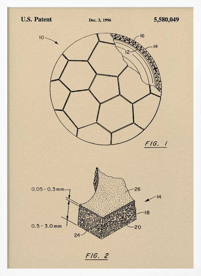 A framed vintage-style patent drawing of a soccer ball, U.S. Patent 5,580,049 from 1996. The poster displays two figures on a beige background: FIG. 1 shows the soccer ball with its hexagonal pattern and a cutaway view of its layers, while FIG. 2 provides a detailed cross-section of the ball's material. Wall Art